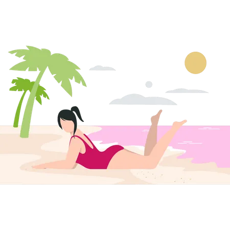 La Chica Esta Tomando Sol En La Playa Ilustración