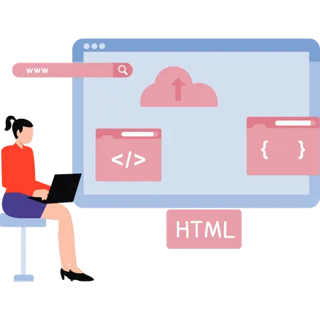 La chica está trabajando en codificación HTML.  Ilustración