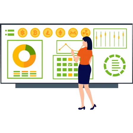 La chica está trabajando en un gráfico de moneda.  Ilustración