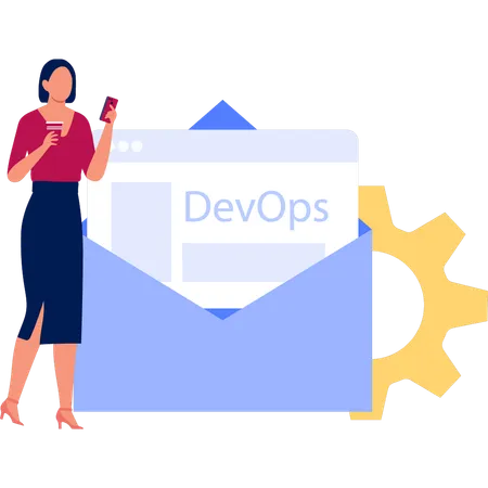 La chica está usando la aplicación DevOps en el teléfono  Ilustración