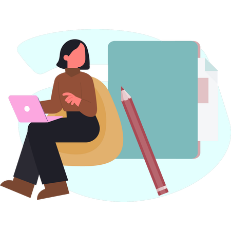 La chica está usando la computadora portátil  Ilustración