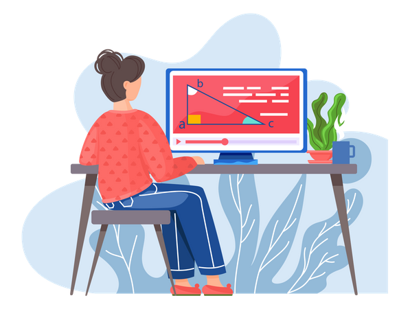 Chica estudiando clase de matemáticas en línea  Ilustración
