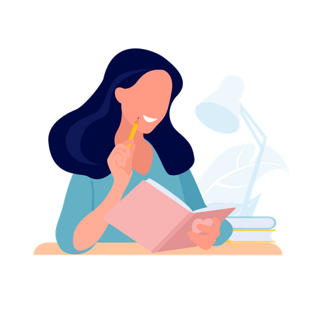 Chica estudiante estudiando con libro  Ilustración