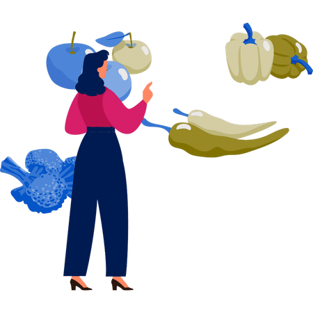 Niña explica sobre dieta de frutas y verduras.  Ilustración