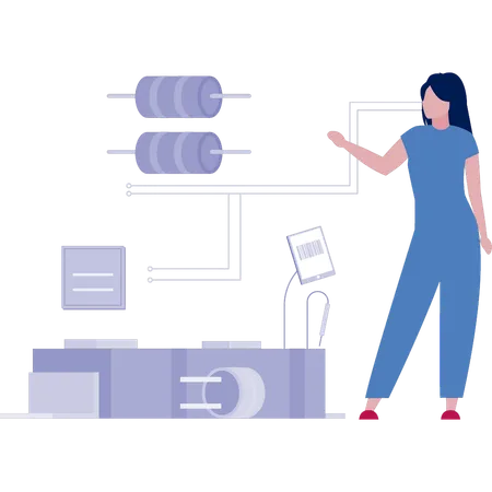 Chica explicando el servidor de datos de inteligencia artificial  Ilustración