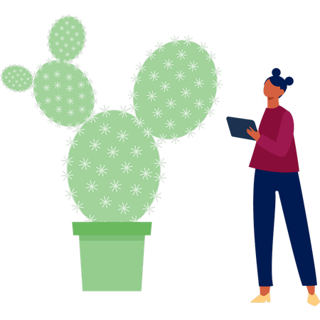 Niña explicando el cactus opuntia  Ilustración