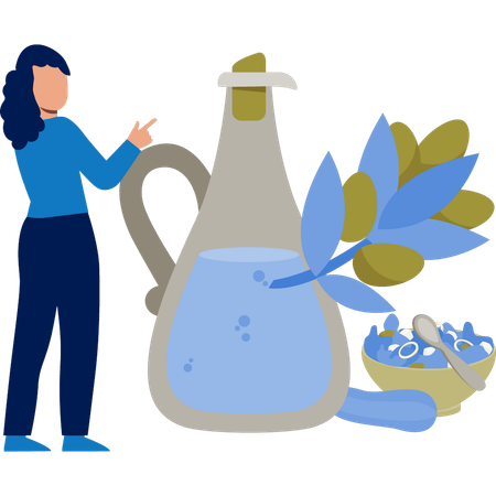 Niña explicando los beneficios del té de hierbas elaborado con diferentes hierbas.  Ilustración