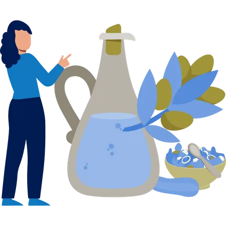 Niña explicando los beneficios del té de hierbas elaborado con diferentes hierbas.  Ilustración