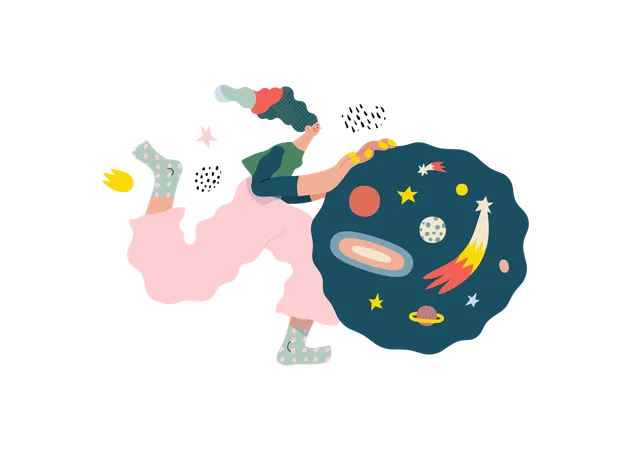 Chica explorando el espacio  Ilustración