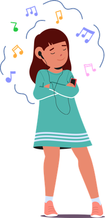 Chica feliz con auriculares escuchando música en su dispositivo  Ilustración