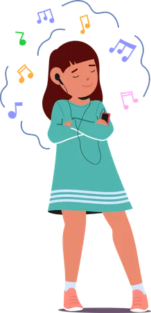 Chica feliz con auriculares escuchando música en su dispositivo  Ilustración