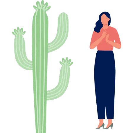 Chica feliz con cactus euphorbia ingens  Ilustración