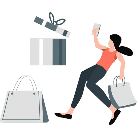 Chica feliz con muchas compras  Ilustración