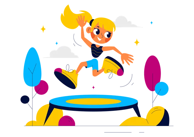 Niña feliz saltando en trampolín  Ilustración