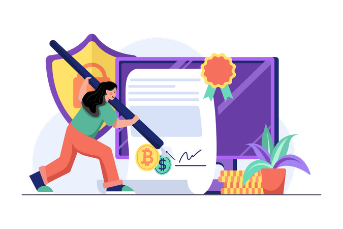 Chica firmando contrato cripto inteligente  Ilustración