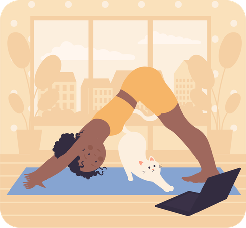 Chica fitness haciendo ejercicio de yoga en línea  Ilustración