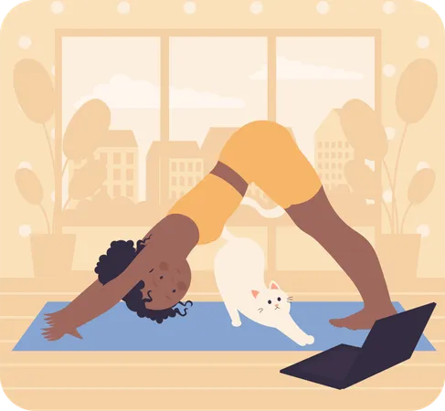 Chica fitness haciendo ejercicio de yoga en línea  Ilustración