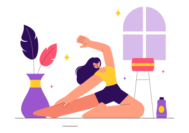 Chica fitness haciendo ejercicios de estiramiento corporal en casa  Ilustración