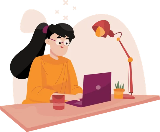 Chica independiente trabajando con computadora portátil  Ilustración