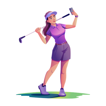 Chica golfista haciendo clic en un selfie  Illustration