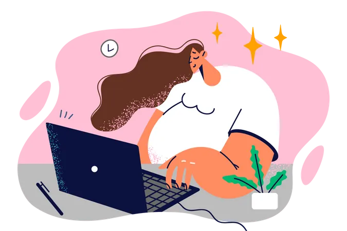Chica gorda trabajando en la computadora portátil  Ilustración