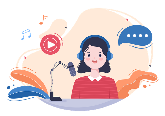 Chica grabando podcast  Ilustración