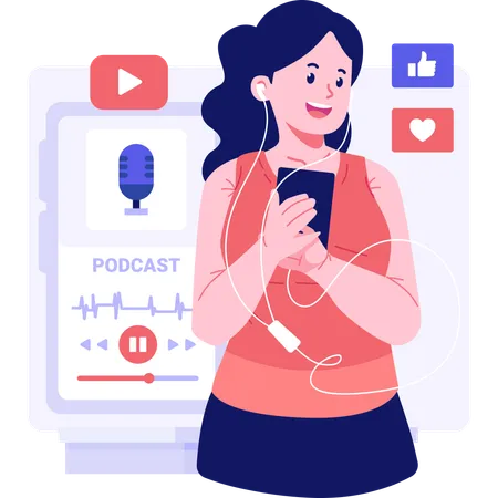 Chica grabando podcast usando un teléfono móvil  Ilustración