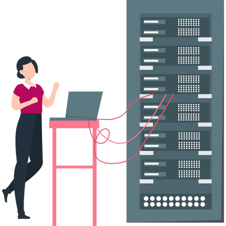 La chica ha conectado los servidores de bases de datos a la computadora portátil.  Ilustración