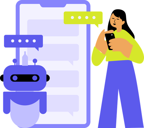 Chica hablando con un chatbot de atención al cliente  Ilustración