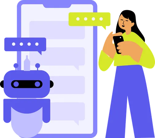 Chica hablando con un chatbot de atención al cliente  Ilustración