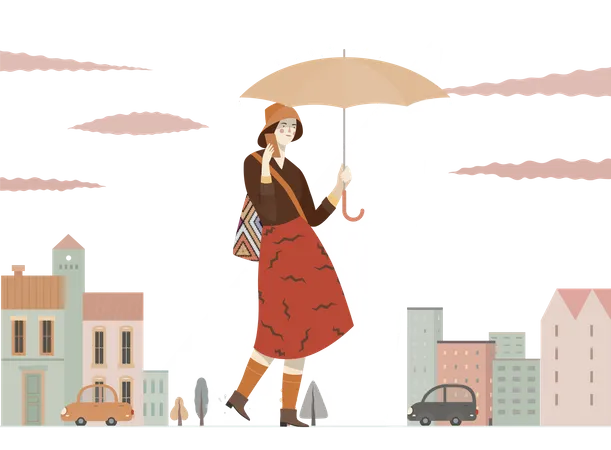 Chica hablando por móvil mientras sostiene el paraguas  Ilustración
