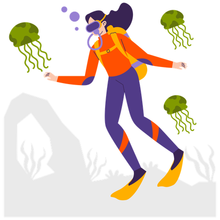 Chica haciendo buceo con medusas  Ilustración