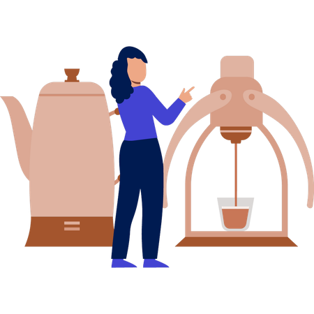 Chica haciendo café usando una máquina  Ilustración