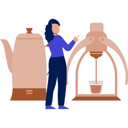 Chica haciendo café usando una máquina  Ilustración