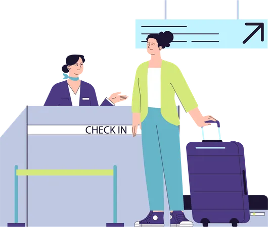 Chica haciendo check in en el aeropuerto  Ilustración