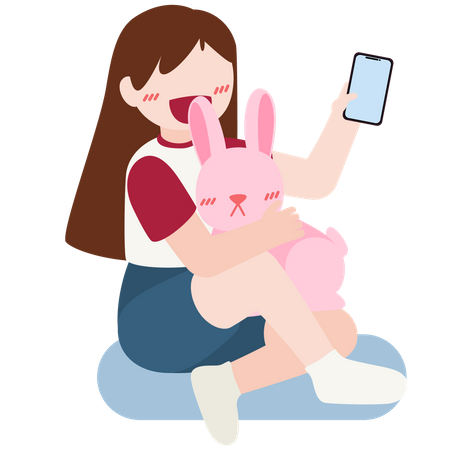 Chica haciendo clic en selfie con peluche  Ilustración