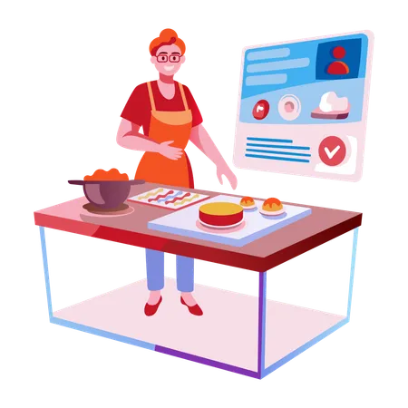 Chica haciendo cocina con inteligencia artificial  Ilustración