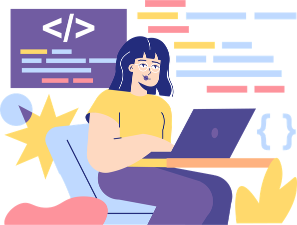 Chica haciendo codificación de sitios web  Ilustración