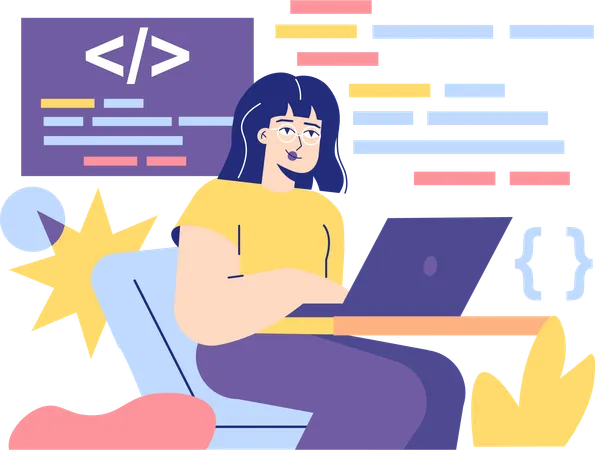 Chica haciendo codificación de sitios web  Ilustración