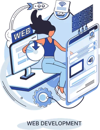 Chica haciendo codificación y programación.  Ilustración