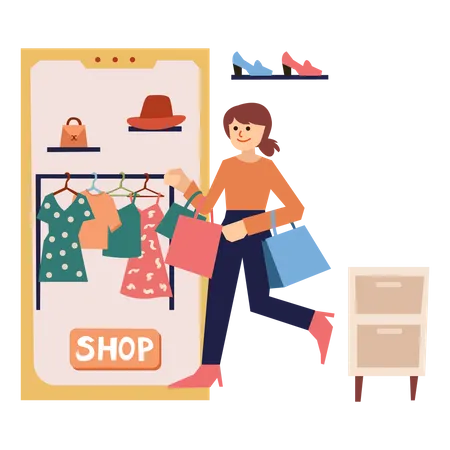 Chica haciendo compras de ropa en línea  Ilustración