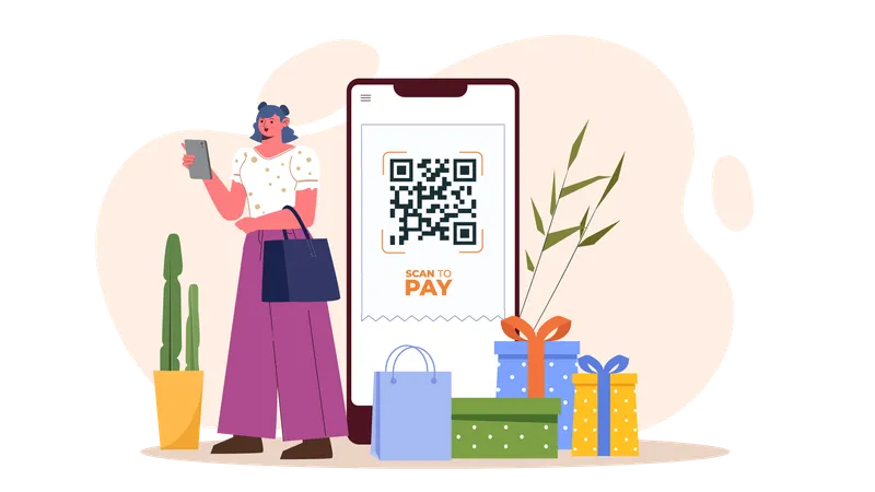 Chica haciendo pago de compras con código QR  Ilustración