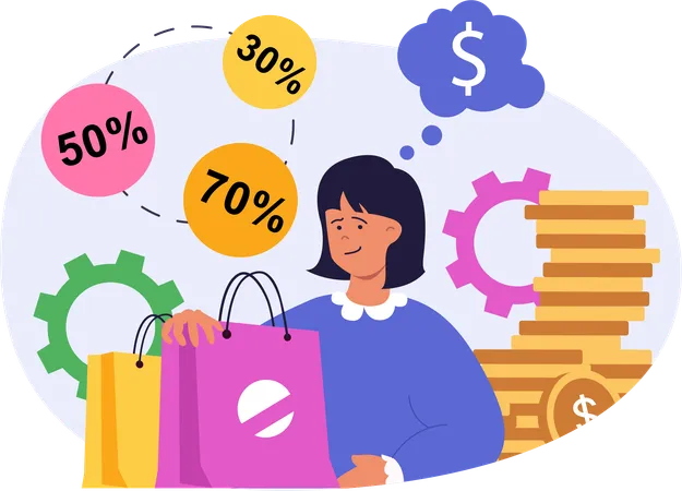 Chica haciendo compras con descuento  Ilustración