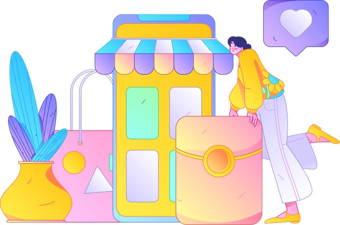 Chica haciendo compras móviles  Ilustración