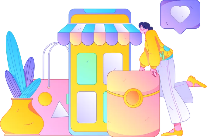 Chica haciendo compras móviles  Ilustración