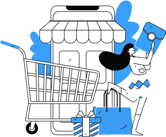 Chica haciendo compras con el móvil mientras realiza pagos en línea  Ilustración