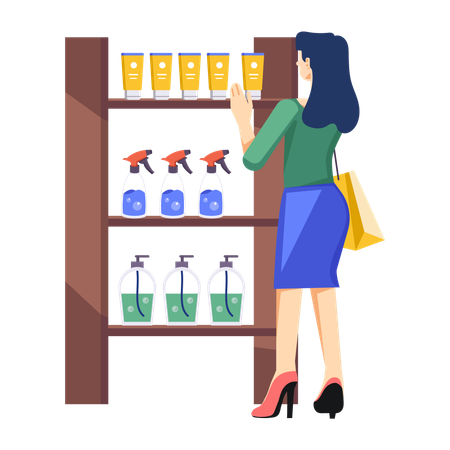 Chica haciendo compras de cosméticos  Ilustración