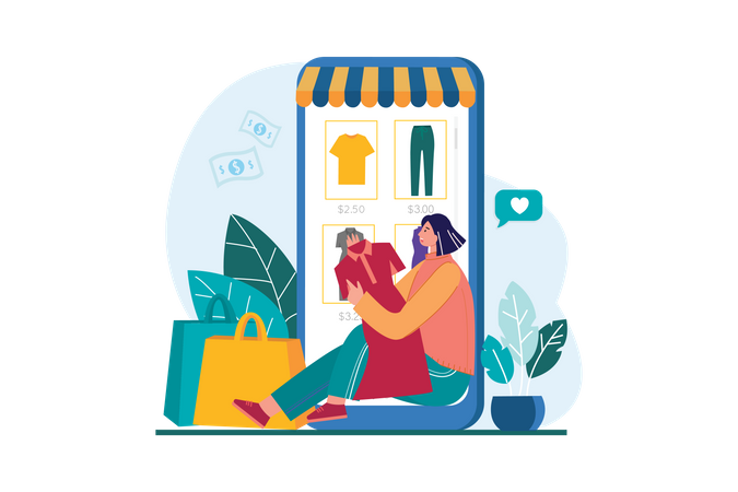 Chica haciendo compras de ropa en línea  Ilustración