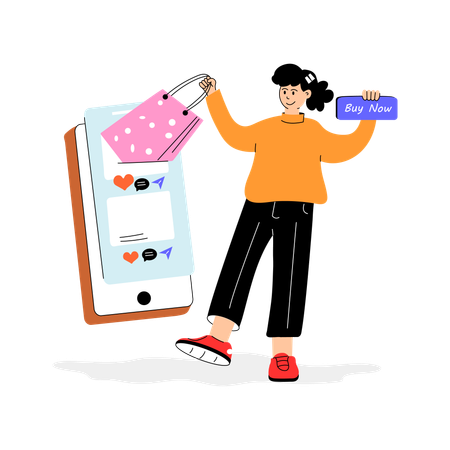 Chica haciendo compras desde la aplicación de comercio electrónico  Ilustración