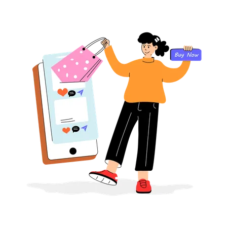 Chica haciendo compras desde la aplicación de comercio electrónico  Ilustración